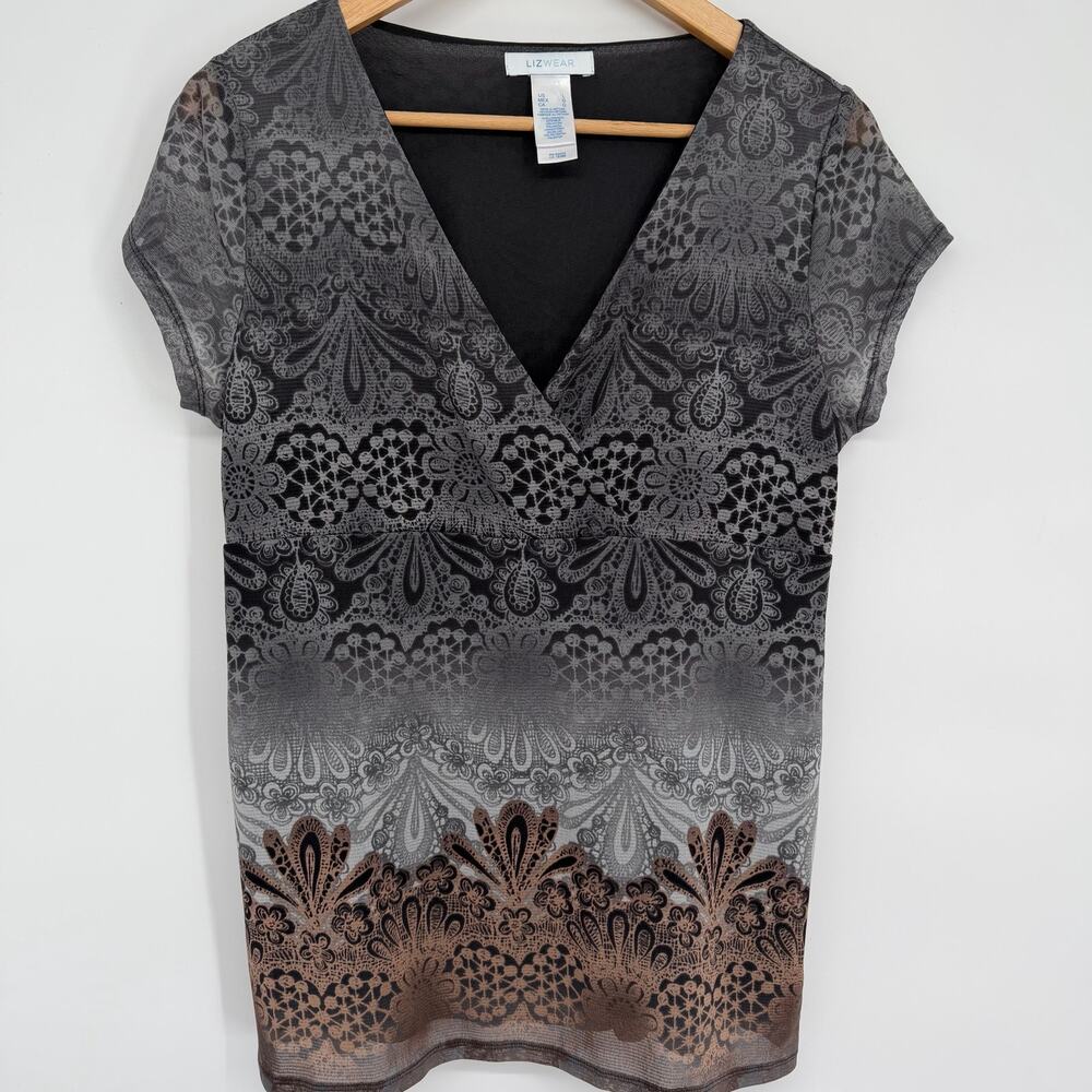 Lizwear‎ Top Woman's Large 90's Y2K Brown Black Lace Mesh Floral Cris Cross